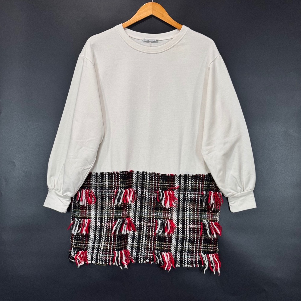 Zara Dress Women Medium White Tweed Plaid Fringe Tassel Sweatshirt Tartan Preppy